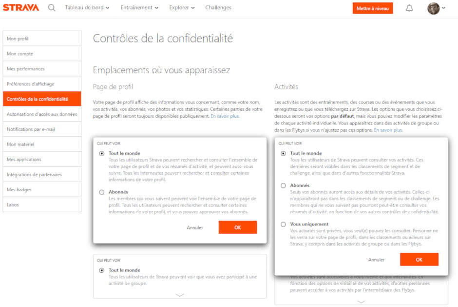 Confidentialité strava